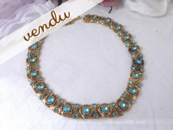 Collier vintage bling bling doré et bleu