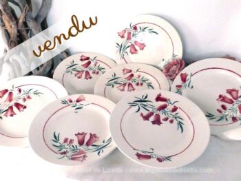 Lot de 7 assiette plates des faïencerie de St Amand modèle PEG aux dessins de fleurs digitales.