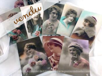 Neuf cartes postales anciennes de portrait de femmes, datées de 1919 à 1929.