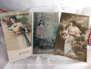 Lot de 3 cartes postales anciennes "Poisson d'Avril" datant de 1917.