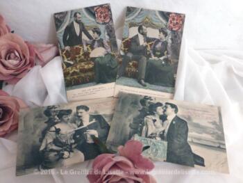 Lot de 4 cartes postales anciennes scénettes amoureux