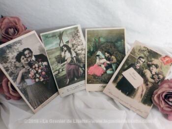 Lot de 3 cartes postales colorisées couple rétro