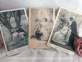 Trois cartes postales de couples d'amoureux, dans des scènes champêtres, dont une est datée de 1908.