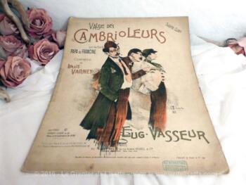 Ancienne partition de 1897 de la Valse des Cambrioleurs, opérette de Louis Varney avec un dessin de Madola sur la page de couverture.