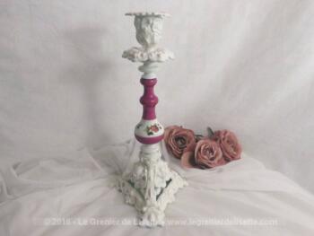 Ancien bougeoir en céramique et régule, entièrement revisité en tendance shabby.