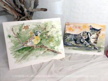 Deux aquarelles originales, signées l'une représentant des oiseaux et l'autre des chats.