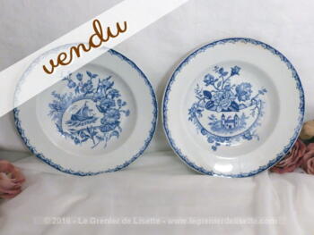 Deux assiettes creuses en faïence de St Amand Hamage, modèle "Paysage".