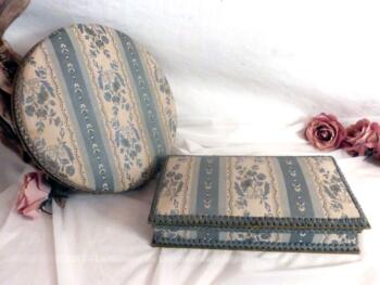 Lot de deux boites, une ronde et une rectangulaire, vintage en carton et tissus tapissier et passementerie.