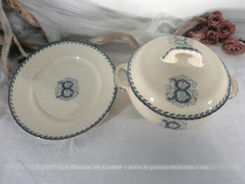 Ancienne très belle soupiere et son plat, tout marqué aux monogramme B.