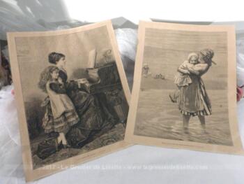 Duo de copies d'anciennes gravures sur papier bistre "Sur la plade de Scheveningue de P. Blommers) et "La leçon de piano" de G. Kilburne.