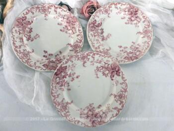 Lot de trois assiettes au décor de fleurs et volutes roses de 21 cm de diamètre, des Faienceries de St Amand et Hamage, modèle Campanule.