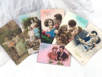 Lot de 6 cartes postales anciennes de couple souhaitant une 