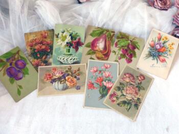 Lot de 9 anciennes cartes postales avec des dessins de fleurs ou de fruits.