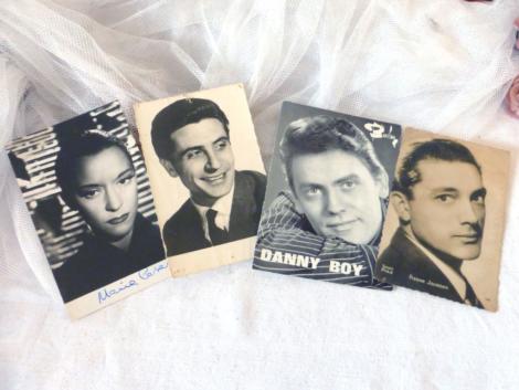 Lot de 4 photos d'anciennes célébrités, Gilbert Becaud, Danny Boy, Pierre Jourdan et celle de Maria Casares dédicacée.