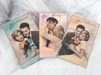 Lot de 3 cartes postales vintage des années 50 représentant des couples
