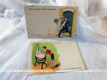 Lot de deux anciennes cartes postales très originales avec message secret viisble uniquement à la lumière.