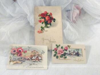 Trois cartes postales anciennes avec dessins de fleurs pour la "Bonne Année" et datant des années 30/40.