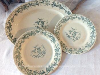 Trio de vaisselle composé d'une petite et grande assiette et d'un saladier ovale le tout en Porcelaine Opaque craquelée de Gien, modèle Aviary , aux beaux dessins d'oiseaux.