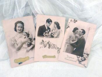 Lot de 3 cartes postales vintage couple "Bon Anniversaire" des années 40.