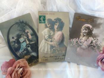Lot de 3 anciennes cartes postales fillettes Bonne Fête de 1910.