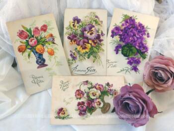 Quatre cartes postales anciennes avec dessins de fleurs pour souhaiter une 