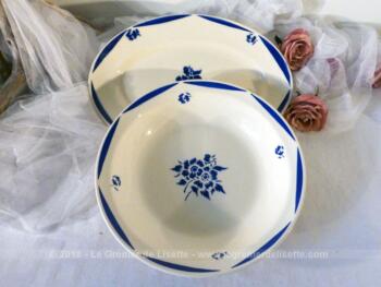 Grand saladier et son plat creux en demi-porcelaine Badonviller avec motif  bleu "Fleurs de Campagne".