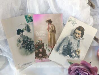 Lot de 3 anciennes cartes postales de femme Bonne Fête debut XX°.