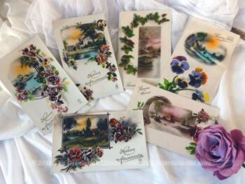 Lot de 6 cartes postales anciennes sur papier glacé. Elles  représentent toute une petite photo, dessin d'un paysage habillée par de grandes gerbes de fleurs.