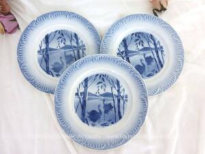 Trio assiettes Digoin aux cygnes bleus