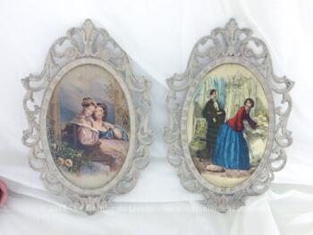 Voici deux anciens cadres ovales en métal revisités shabby mettant en scène avec du tissus des femmes au temps du XVIII et XIX° siècle. Pièces uniques.