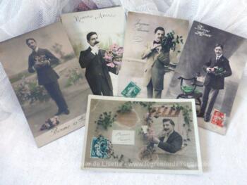 Lot de 6 cartes postales anciennes d'hommes en habit de soirée et de fête, pour souhaiter une Bonne Année et datant toutes du début du siècle dernier.