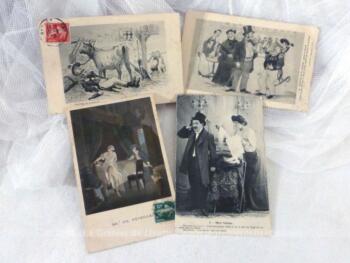 Lot de 4 anciennes cartes postales humoristiques, sous forme de dessins et datant du début des années 1900.