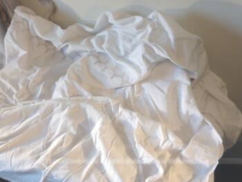 Voici un ancien couvre-lit fait main dentelles et broderies en beau coton blanc, fait main de 140 x 220 cm avec une haute bordure de 45 cm sur 3 cotés.