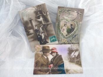 Datant du début du siècle dernier, voici trois anciennes cartes postales de photos de couple pour souhaiter la Bonne Année.