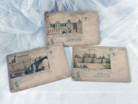 Trois cartes postales anciennes de châteaux, Fontainebleau, Ambroise et Chambord avec sur chacune des recommandations de produits pharmaceutiques.