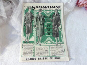 Voici un ancien catalogue La Samaritaine Eté 1927 qui concerne la mode, décoration et linge pour une période de baisse de prix pour le mardi 29, mercredi 30 et jeudi 31 mars 1927.