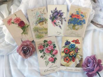 Six anciennes cartes postales de fleurs avec les mentions Bonnes Fêtes datant du début et de la moitié du XX°.