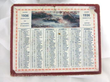 Petit calendrier cartonné de 1936, mesurant 12.5 x 10.5 cm avec un semestre et un dessin sur chaque face.