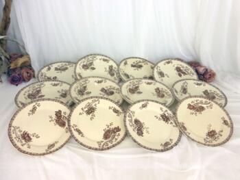 Lot de 4 assiettes plates, creuses et dessert Sarreguemines Royat de couleur sépia. soit 12 assiettes. C'est un modèle avec une frise sur le pourtour et des dessins de pivoines .
