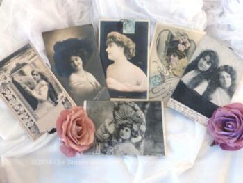 Six anciennes cartes de femmes célèbres en 1900, actrices, mannequin ou comédienne.