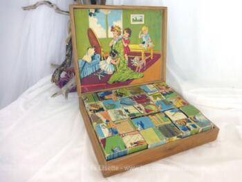 Ancien jeu de cubes vintage des années 60 en bois dans leur boite d'origine proposant des scènes de jeux d'enfants. Très émouvant....