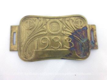 Ancienne vignette en laiton pour vélo pour l'année 1933.