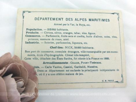 Voici une belle chromo du département des Alpes Maritimes datant de 1876. C'est une image de 11.5 x 8.5 cm sur papier cartonné avec toutes les caractéristiques de l'époque.