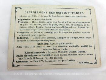 Voici une belle chromo du département des Basses Pyrénées datant de 1876. C'est une image de 11.5 x 8.5 cm sur papier cartonné avec toutes les caractéristiques de l'époque.