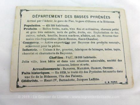 Voici une belle chromo du département des Basses Pyrénées datant de 1876. C'est une image de 11.5 x 8.5 cm sur papier cartonné avec toutes les caractéristiques de l'époque.