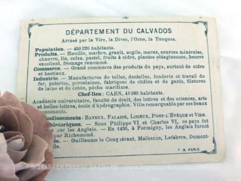 Voici une belle chromo du département du Calvados datant de 1876. C'est une image de 11.5 x 8.5 cm sur papier cartonné avec toutes les caractéristiques de l'époque.