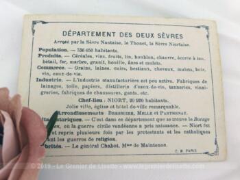 Voici une belle chromo du département des Deux Sèvres datant de 1876. C'est une image de 11.5 x 8.5 cm sur papier cartonné avec toutes les caractéristiques de l'époque.