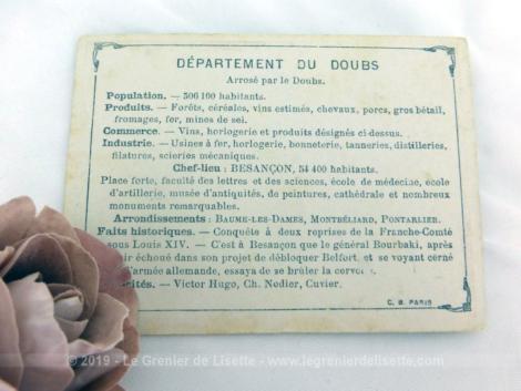 Voici une belle chromo du département du Doubs datant de 1876. C'est une image de 11.5 x 8.5 cm sur papier cartonné avec toutes les caractéristiques de l'époque.