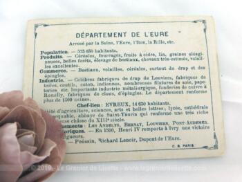 Voici une belle chromo du département de l'Eure datant de 1876. C'est une image de 11.5 x 8.5 cm sur papier cartonné avec toutes les caractéristiques de l'époque.