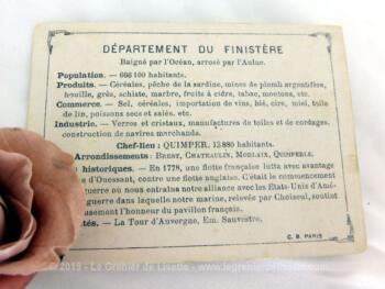 Voici une belle chromo du département du Finistère datant de 1876. C'est une image de 11.5 x 8.5 cm sur papier cartonné avec toutes les caractéristiques de l'époque.